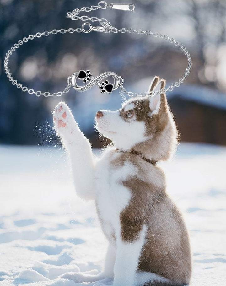 Bracciale con simbolo dell'infinito, charms con impronta di zampa e zirconi