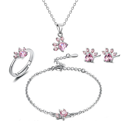 Set di Gioielli con Zampe per Donne – 4 Pezzi | Oro Rosa con Cuore di Zirconia – Anello, Collana, Orecchini e Braccialetto