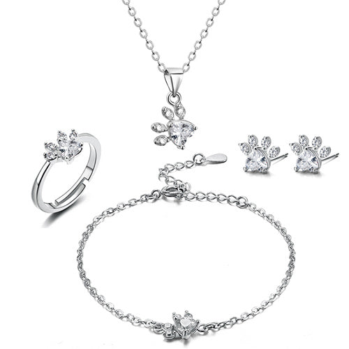Set di Gioielli con Zampe per Donne – 4 Pezzi | Oro Rosa con Cuore di Zirconia – Anello, Collana, Orecchini e Braccialetto