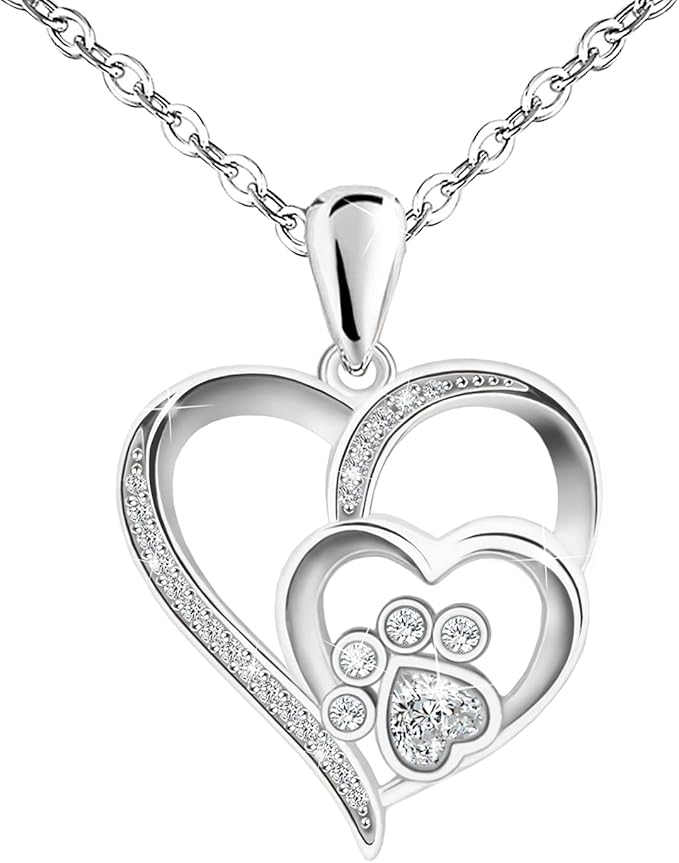 Collana con Pellicano per Donna – Ciondolo a Cuore in Argento Sterling con Stampa di Zampe e Zirconia