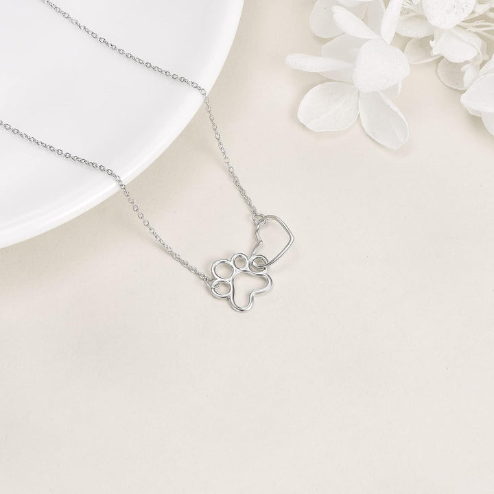 Collana con impronta di zampa in argento sterling – Pendente a cuore con cristallo e zampa di cane