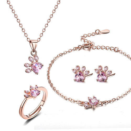 Set di Gioielli con Zampe per Donne – 4 Pezzi | Oro Rosa con Cuore di Zirconia – Anello, Collana, Orecchini e Braccialetto