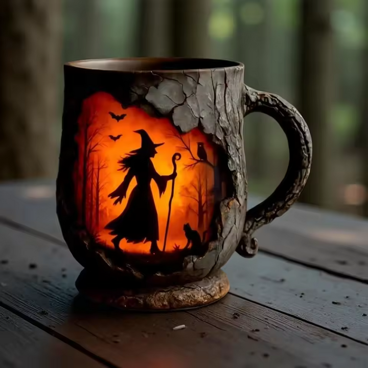 Tazza di Halloween tridimensionale fatta a mano – Disegno di strega e gatto