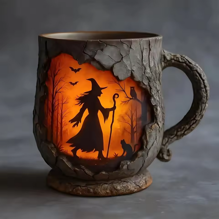 Tazza di Halloween tridimensionale fatta a mano – Disegno di strega e gatto