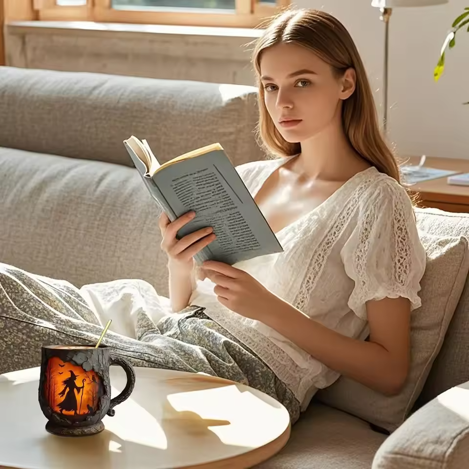 Tazza di Halloween tridimensionale fatta a mano – Disegno di strega e gatto