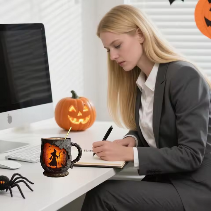Tazza di Halloween tridimensionale fatta a mano – Disegno di strega e gatto