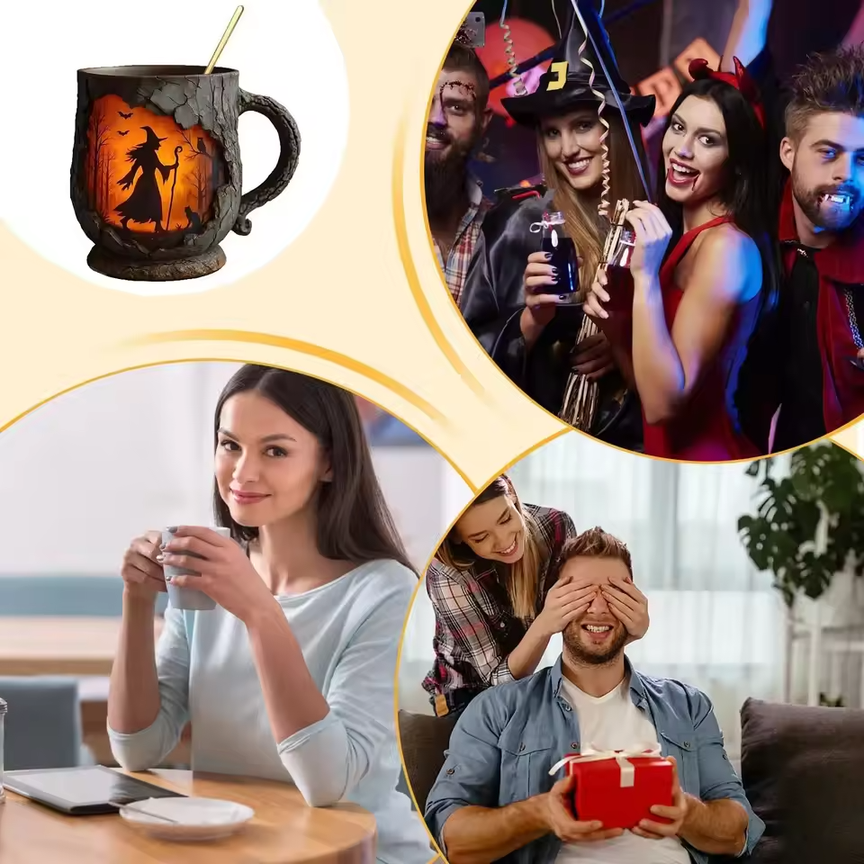 Tazza di Halloween tridimensionale fatta a mano – Disegno di strega e gatto