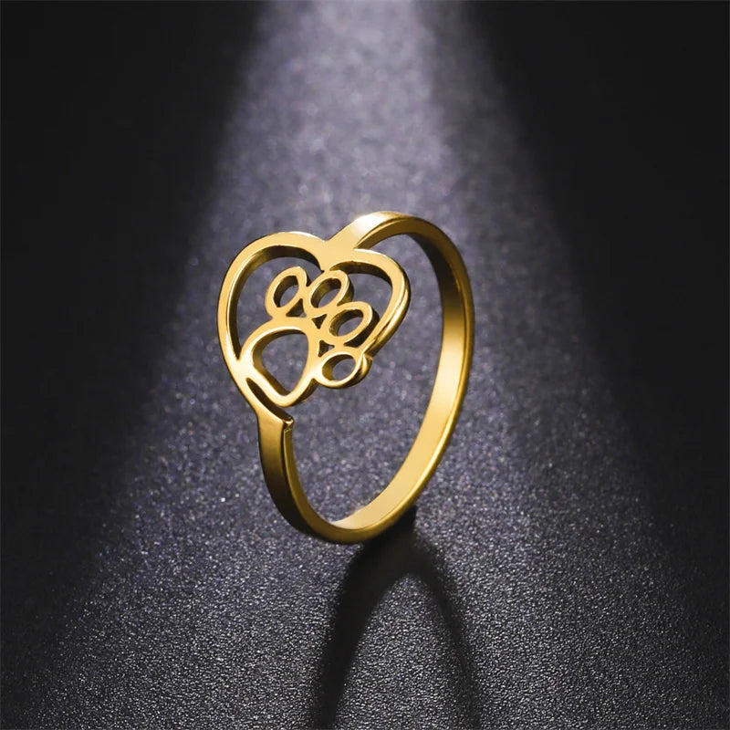 Anello con cuore e zampa in acciaio inossidabile per appassionati di animali