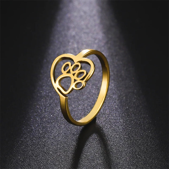 Anello con cuore e zampa in acciaio inossidabile per appassionati di animali