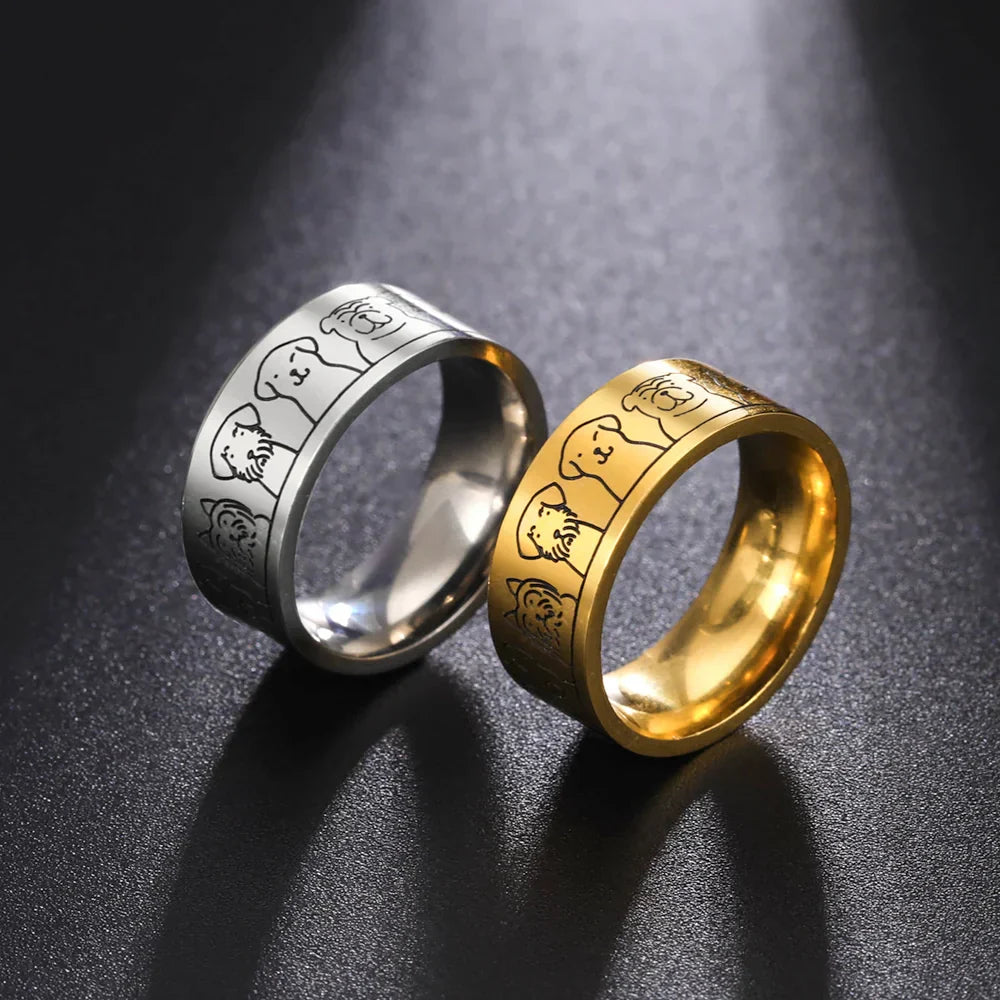 ANELLO INACCIAIO EXTRA LARGO CON MOTIVI DI CANI – DESIGN INCISO PER DONNE