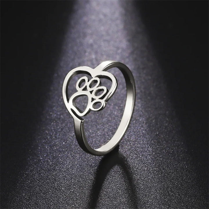 Anello con cuore e zampa in acciaio inossidabile per appassionati di animali