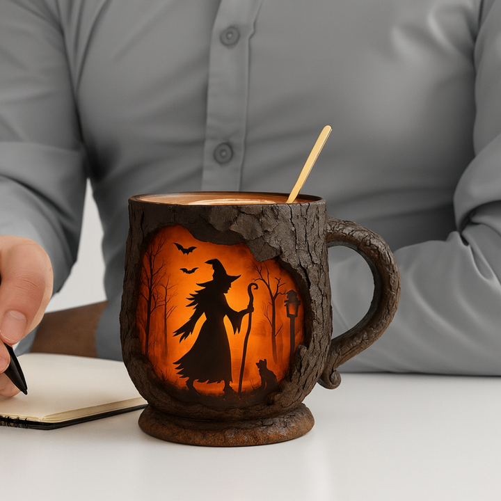 Tazza di Halloween tridimensionale fatta a mano – Disegno di strega e gatto